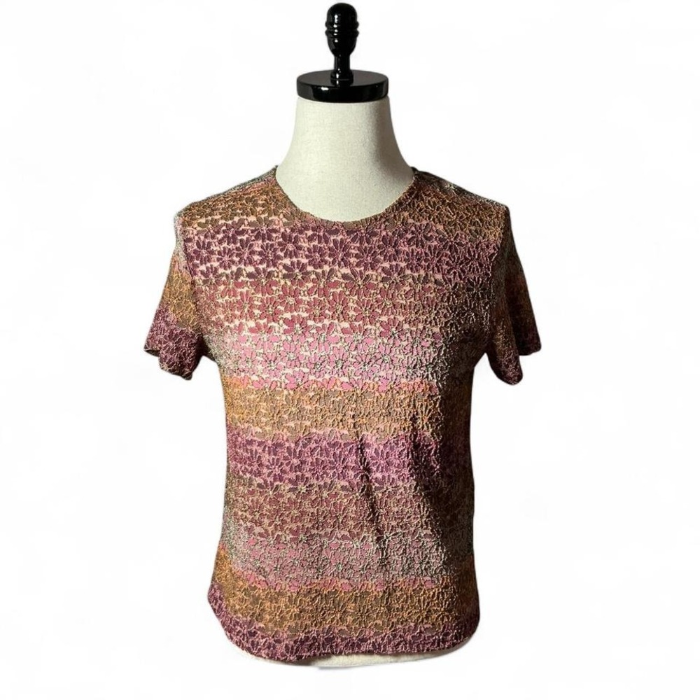 Kathie Lee Collection Sheer Pink Blush Floral Lace Short Sleeve Top
